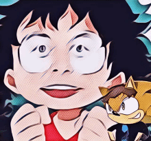 a close up of a cartoon character with a cat behind her