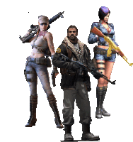 a man and two women are standing next to each other with guns in their hands