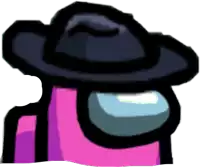 a pink among us character with a black hat