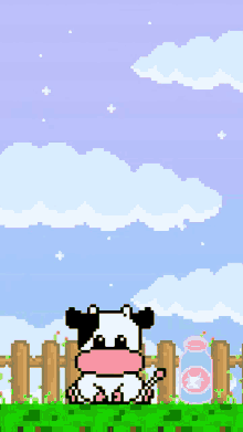 a pixel art drawing of a cow sitting in the grass