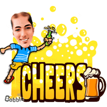 a cartoon of a man holding a beer bottle with the words cheers below him