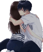 a drawing of a boy hugging a girl with a white shirt that says ' aoyama ' on it