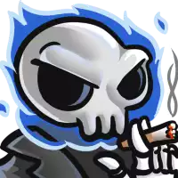 a cartoon skeleton is smoking a cigarette and has a blue flame around his head