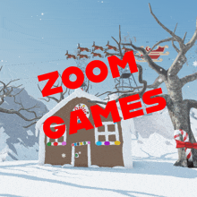 a gingerbread house in the snow with the words zoom games written on it