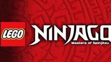 lego ninjago masters of spinjitzu logo with a red background