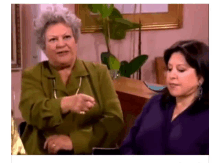 two older women are sitting next to each other in a living room and talking .