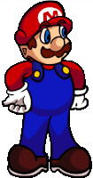 a cartoon drawing of mario wearing overalls and a red m hat