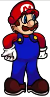 a cartoon drawing of mario wearing overalls and a red m hat