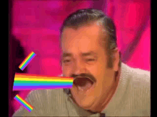 a man with a mustache is laughing with a rainbow coming out of his nose .