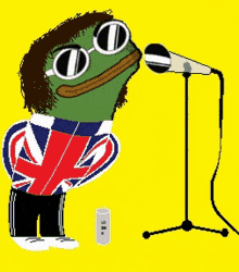 a cartoon frog is singing into a microphone while wearing sunglasses