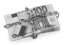 a stack of 100 euro banknotes locked with a chain and padlock .