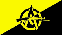 a black and yellow flag with a gun in a circle