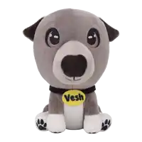 a stuffed dog with a yellow tag that says vash