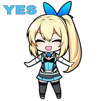 a cartoon of a girl with a blue bow and the word yes above her