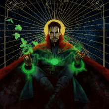 a painting of doctor strange with a green light coming from his hands