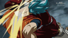 a cartoon of a man with blue hair and a super dragon ball heroes logo