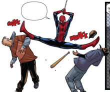 a comic book drawing of spider-man kicking a man in the face