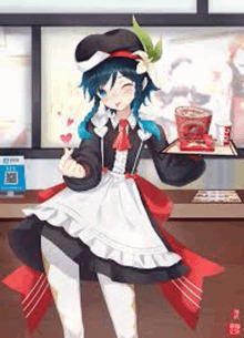 a girl in a maid costume is holding a tray of food in a restaurant .