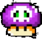 a pixel art purple mushroom with a skull on it 's head .