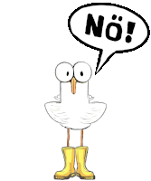 a cartoon seagull with a speech bubble saying no