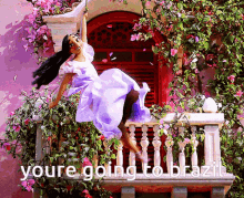 a woman in a purple dress is on a balcony with the words " you 're going to brazil "