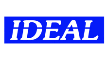 a blue and white ideal logo with a white background