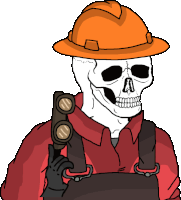 a cartoon of a skeleton wearing a hard hat and holding a gun