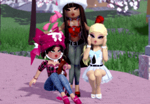 three dolls are posing for a picture and one of them is wearing a pink hat that says e1