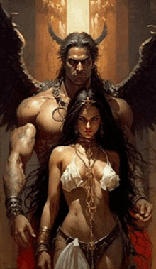 a man with horns is standing next to a woman with long hair