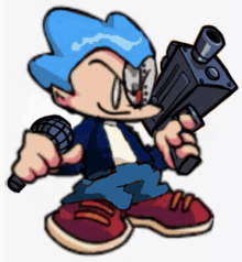 a cartoon character with blue hair is holding a gun and a microphone