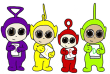 a group of four teletubbies are standing next to each other holding papers in their hands .