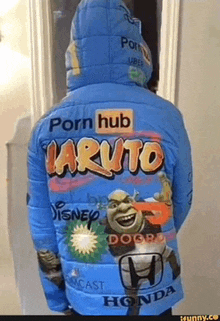 a person wearing a blue jacket that says porn hub on it