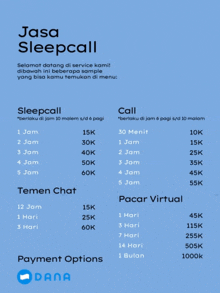 a blue advertisement for a sleepcall service