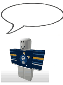 a roblox character wearing a blue shirt with the letter e on the front