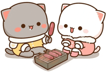 a cartoon of two cats sitting next to each other eating sausages