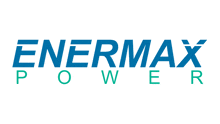 the enermax power logo is blue and green on a white background