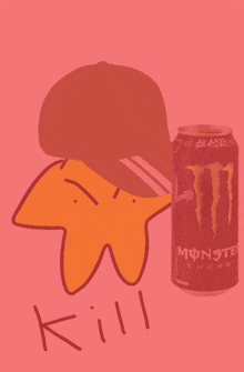 a can of monster energy drink next to a drawing of a monster