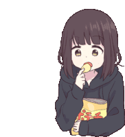 a girl in a black hoodie is holding a bag of potato chips