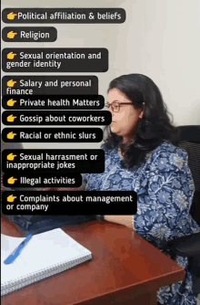 a woman sits at a desk with political affiliation and beliefs written on the top