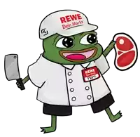 a cartoon frog wearing a rewe dein markt hat holds a knife and a piece of meat