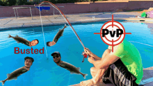 a man is fishing in a pool and has a target on his head that says pvp