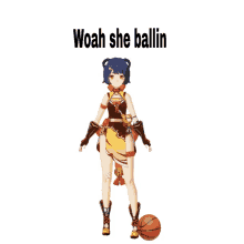 a cartoon girl with a basketball and the words woah she ballin above her