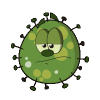 a cartoon illustration of a green bacteria with a sad face