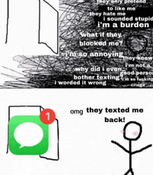 a stick figure is standing next to a phone icon with a red notification on it .