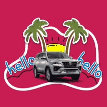 a sticker that says hello on it with a car