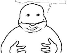 a black and white drawing of a fat man with a speech bubble behind him .