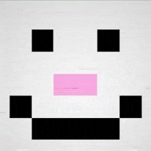 it looks like a minecraft face with a pink nose and black eyes .