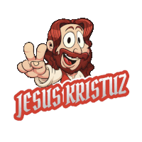 a cartoon of jesus giving a peace sign and the words jesus kristuz below him