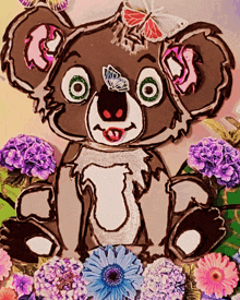 a drawing of a koala bear with flowers around it