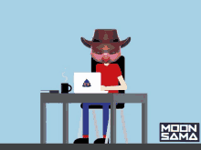 a man wearing a cowboy hat sits at a desk using a laptop computer